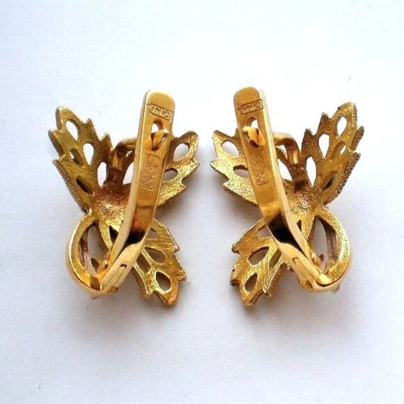 Vintage Original Russian Soviet USSR 18K 750 Yellow White Gold Leaf EARRINGS - Picture 4 of 5